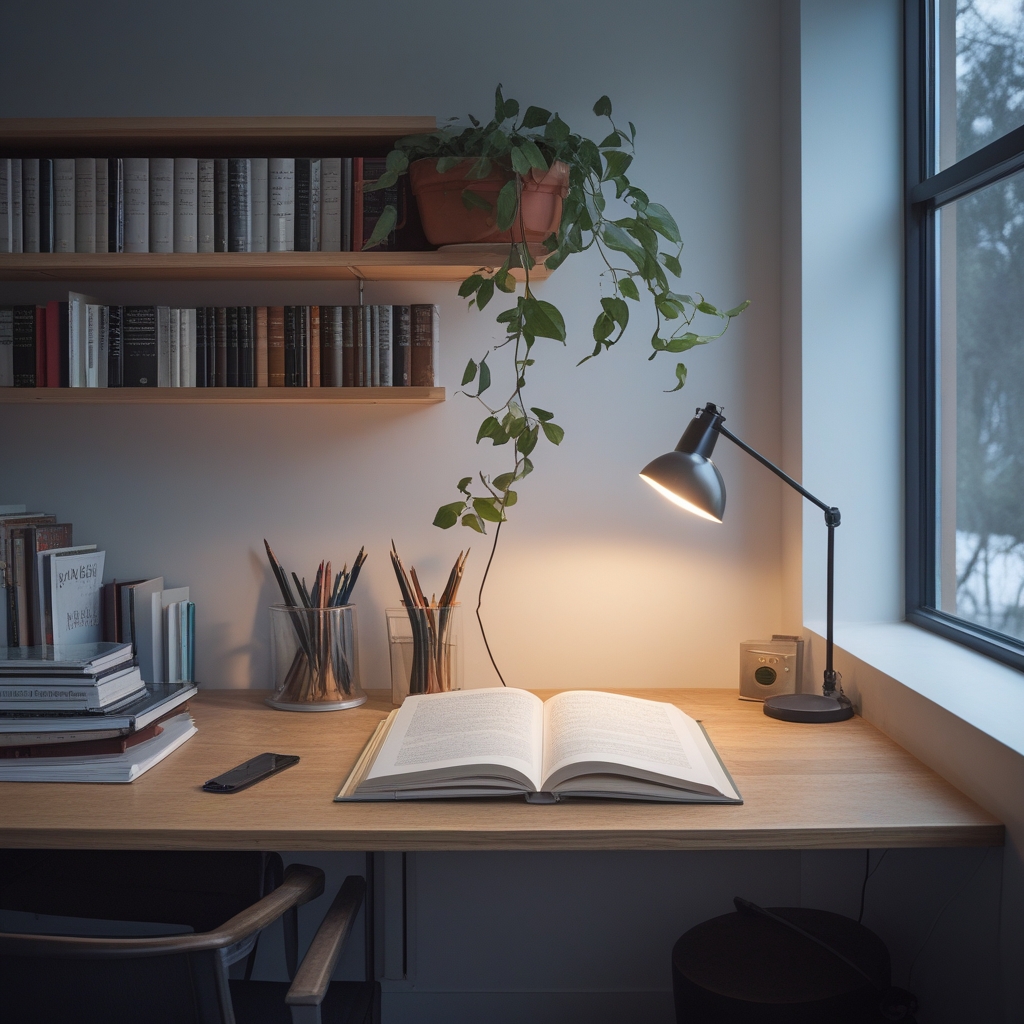 Minimalistyczne biurko z otwartymi książkami o anatomii i ruchu, ciepłe światło lampy biurkowej, drewniana powierzchnia z notatkami i szkicami