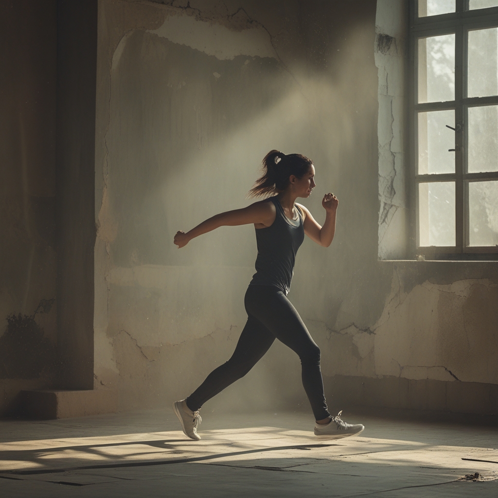 Osoba wykonująca powolny, skupiony ruch rozciągający w cichym, minimalistycznym wnętrzu z drewnianą podłogą i dużymi oknami wpuszczającymi miękkie naturalne światło