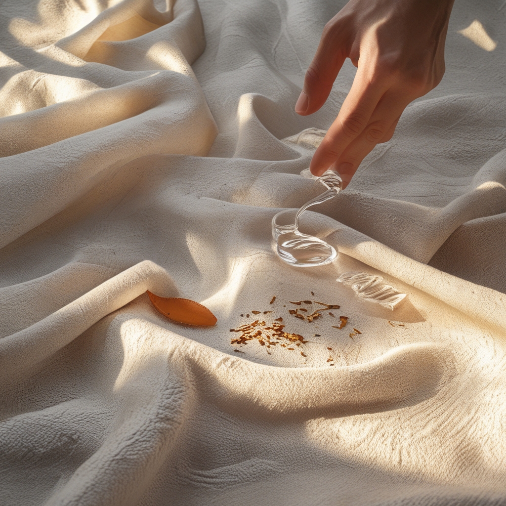 Para dłoni spoczywających na kolanach w pozycji siadu ze skrzyżowanymi nogami, miękkie boczne światło tworzy delikatne cienie na jasnej tkaninie